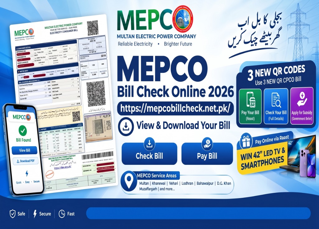MEPCO Bill Check Online 2026 Mobile View and Quick Services Banner